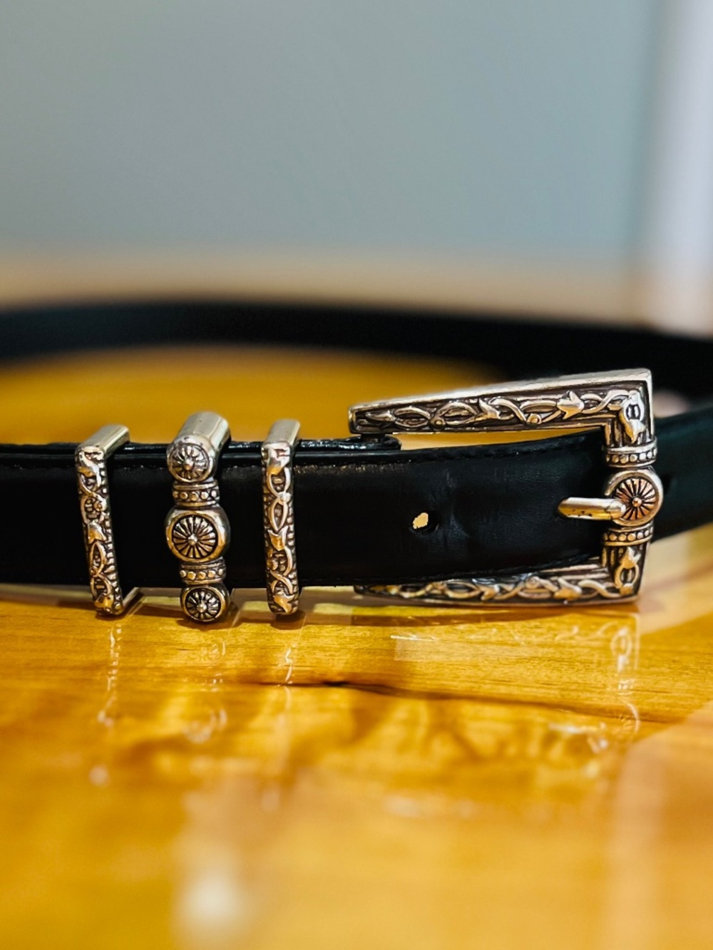 Vintage Brighton Black Leather Belt #B6703 Silver Buckle Size Large / 34